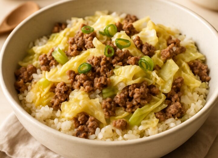 Budget cabbage beef rice bowls served in a bowl with ground beef, tender cabbage, rice, and green onion garnish