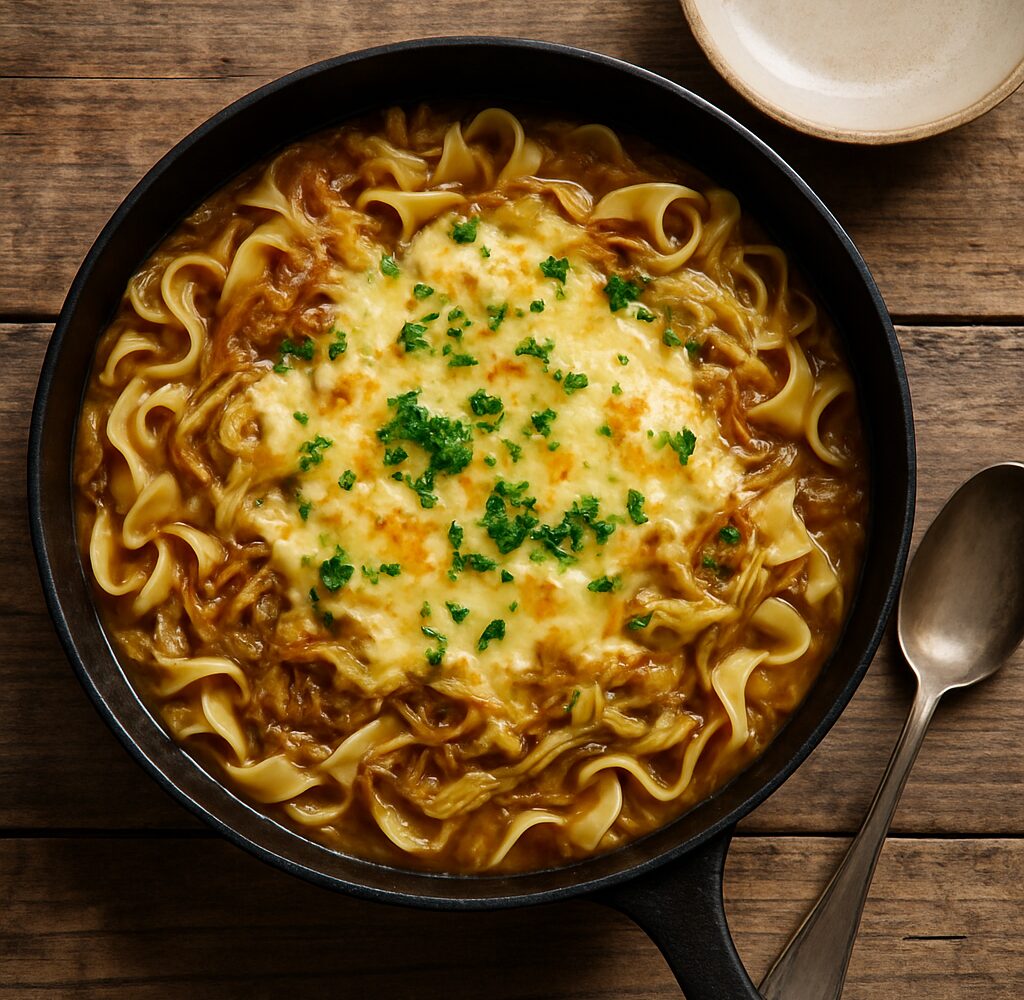 A bowl of Budget French Onion Cabbage Noodles with melted cheese and parsley garnish on a wooden table.