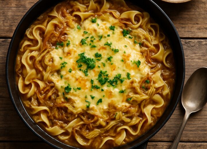 A bowl of Budget French Onion Cabbage Noodles with melted cheese and parsley garnish on a wooden table.