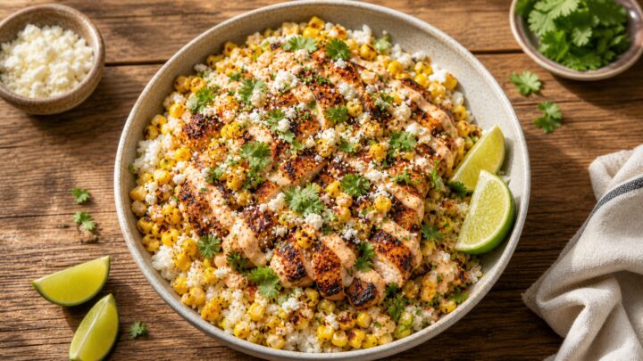 Budget Street Corn Chicken Rice Bowls served in bowls with cilantro and lime wedges on top