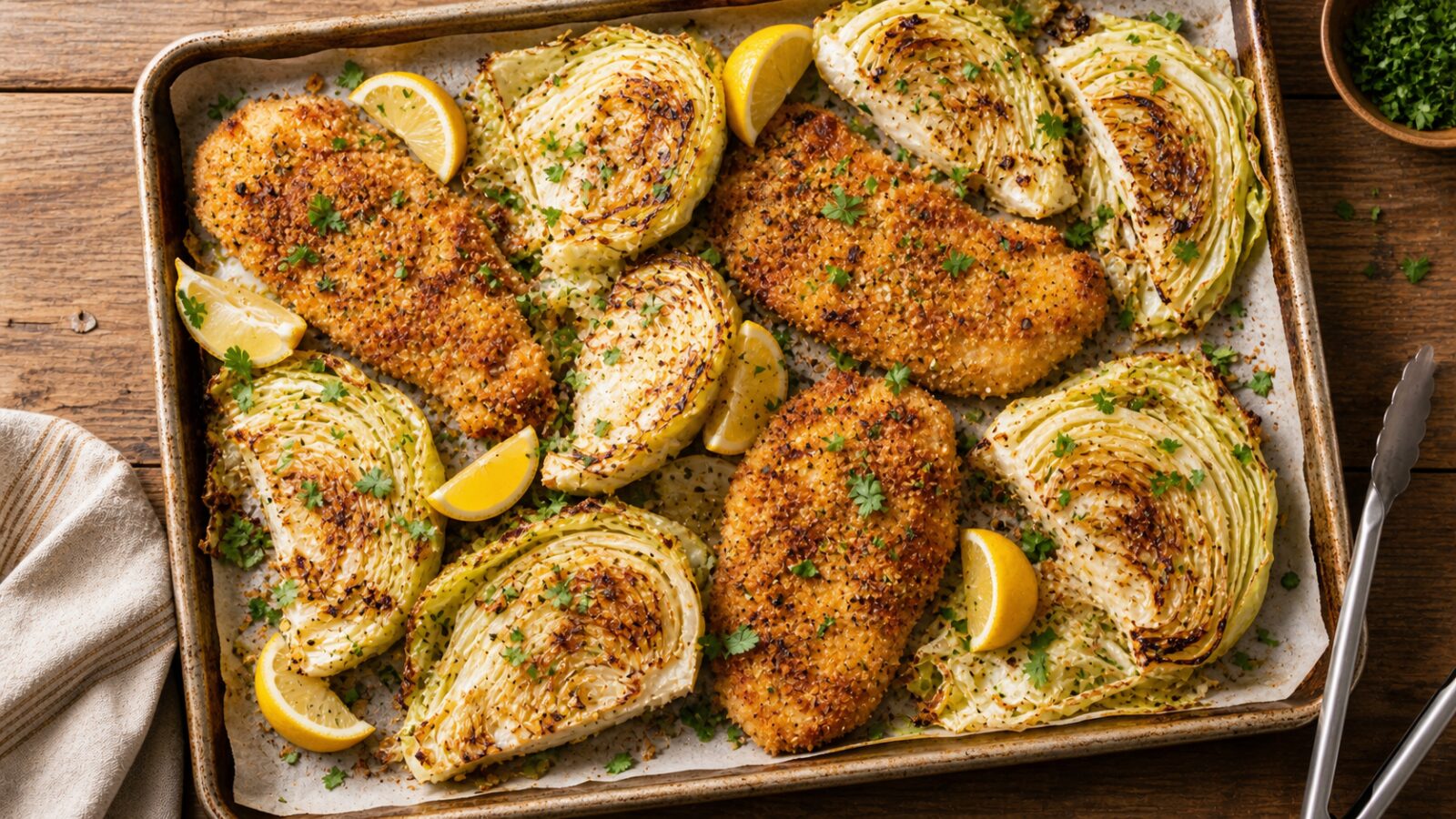 Cabbage schnitzel chicken sheet pan dinner with breaded chicken cutlets and roasted cabbage wedges on a baking sheet