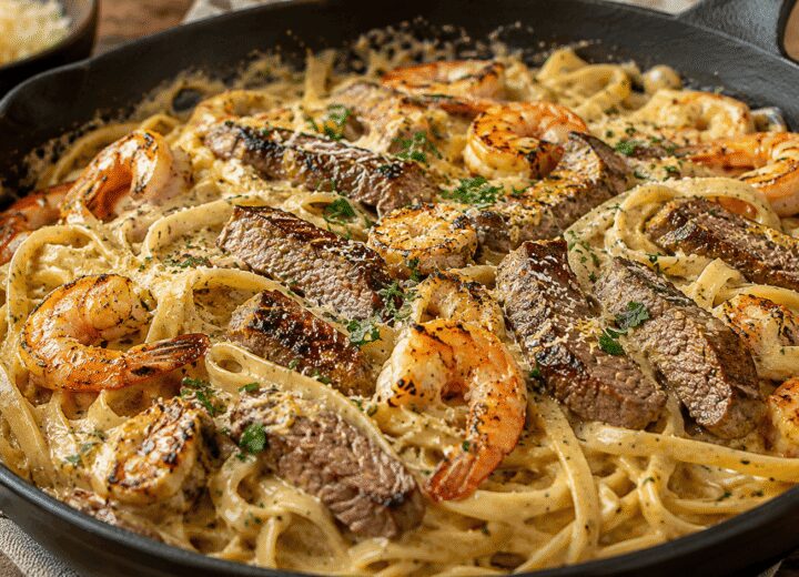 Creamy Cajun shrimp and steak Alfredo pasta served in a bowl with parsley and Parmesan