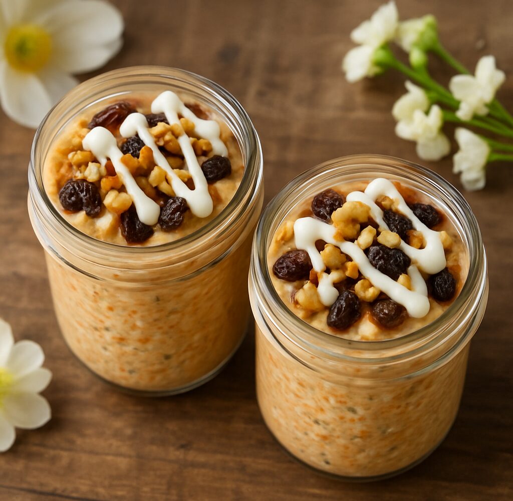 Two glass jars of carrot cake overnight oats topped with walnuts and a drizzle of cream cheese glaze on a wooden table.