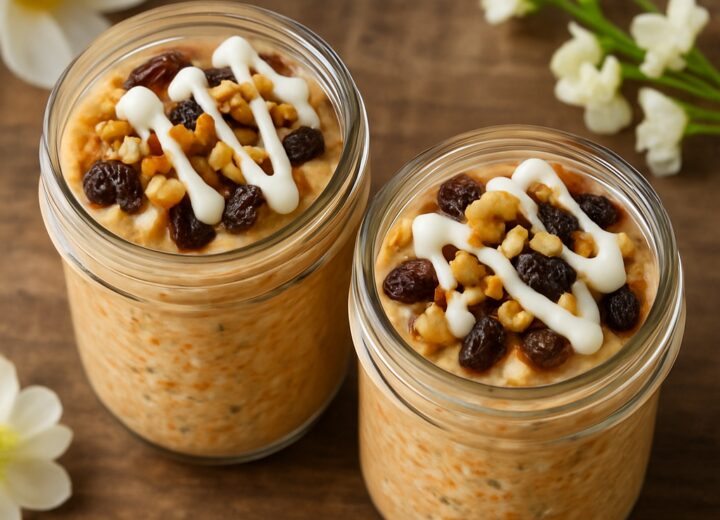 Two glass jars of carrot cake overnight oats topped with walnuts and a drizzle of cream cheese glaze on a wooden table.