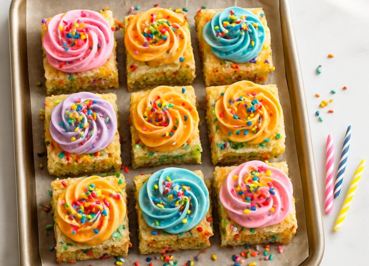 Colorful chaos cake sheet pan cupcakes with messy frosting and rainbow sprinkles on a serving tray