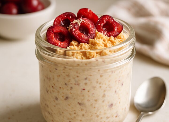 Cherry cheesecake overnight oats topped with graham cracker crumbs and fresh cherries in a mason jar breakfast bowl.
