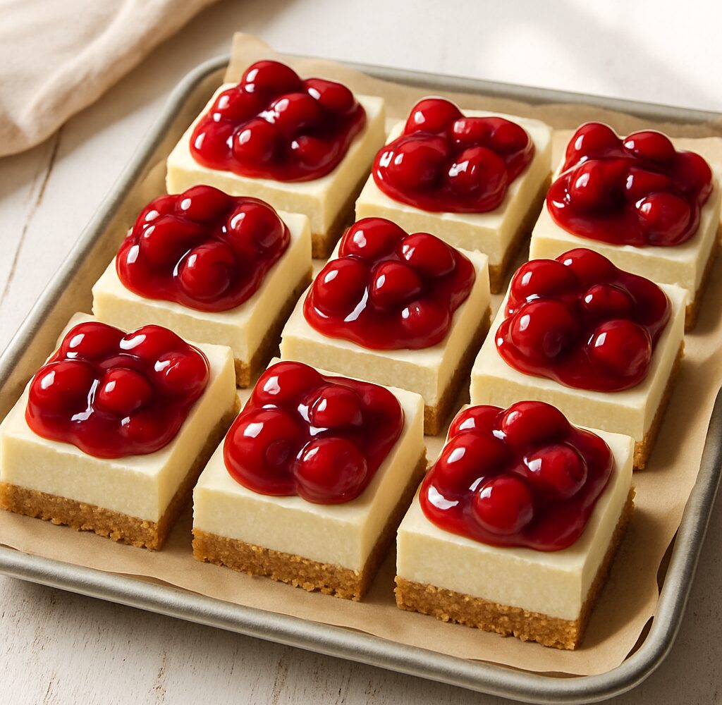 Cherry cheesecake bars with a graham cracker crust, creamy cheesecake filling, and glossy cherry topping cut into neat squares on a serving tray