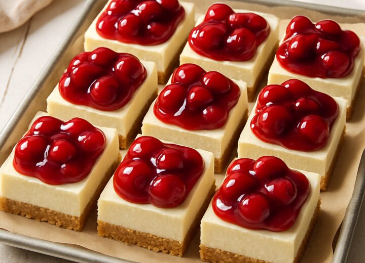 Cherry cheesecake bars with a graham cracker crust, creamy cheesecake filling, and glossy cherry topping cut into neat squares on a serving tray