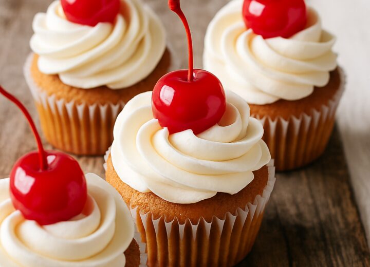 Cherry cola float cupcakes topped with vanilla buttercream frosting and a maraschino cherry on a wooden board.
