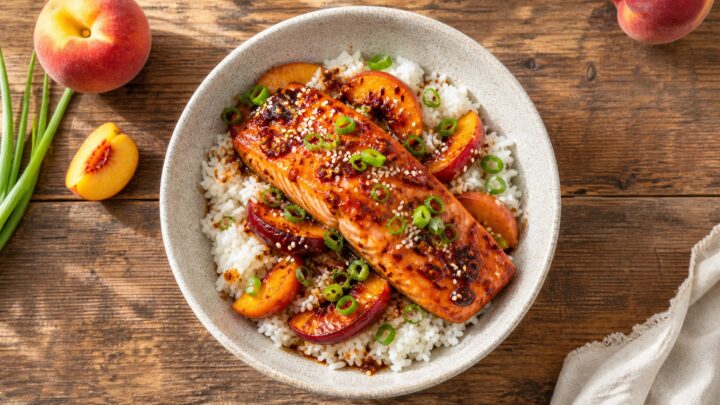 Bowl of chili crisp peach salmon with rice, sliced green onions, and sesame seeds on a wooden table