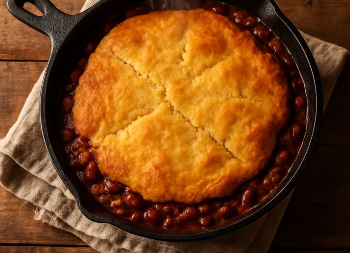 Skillet of cottage cheese cornbread chili bowls with golden cornbread topping and chili visible