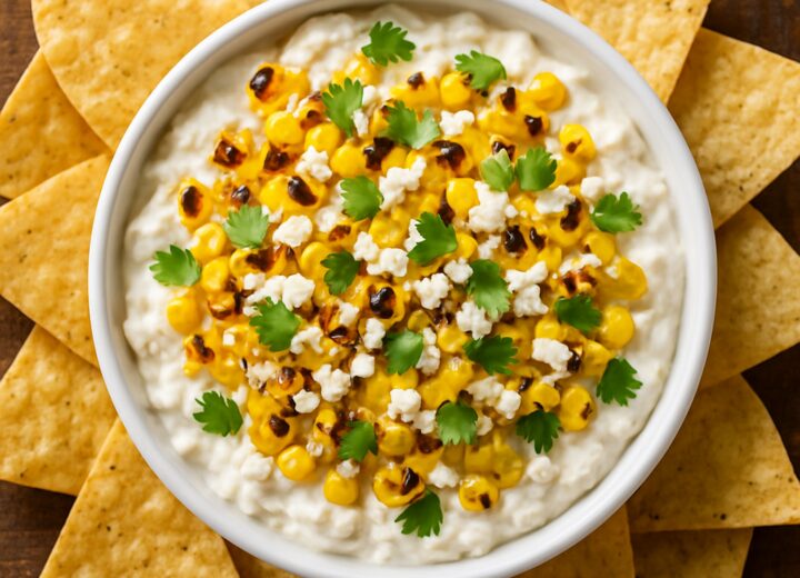 Creamy cottage cheese elote dip in a white bowl topped with charred corn, cotija cheese, and fresh cilantro, served with tortilla chips on a wooden table.