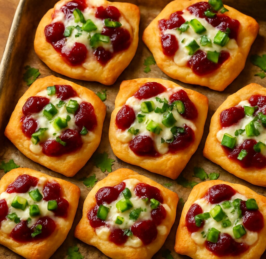 Cranberry jalapeno cream cheese dip bites on a baking sheet, golden brown with melted cheese and cranberry topping.
