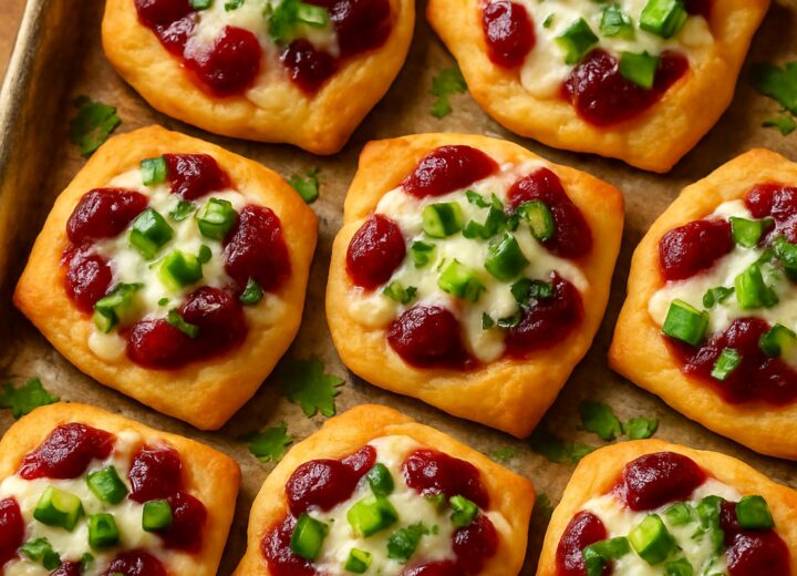 Cranberry jalapeno cream cheese dip bites on a baking sheet, golden brown with melted cheese and cranberry topping.
