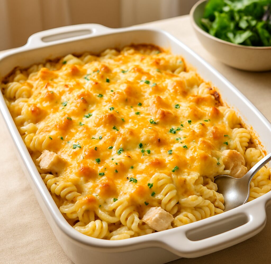 Creamy chicken pasta bake in a casserole dish with melted cheese, baked pasta, and golden bubbling edges
