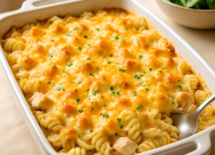 Creamy chicken pasta bake in a casserole dish with melted cheese, baked pasta, and golden bubbling edges