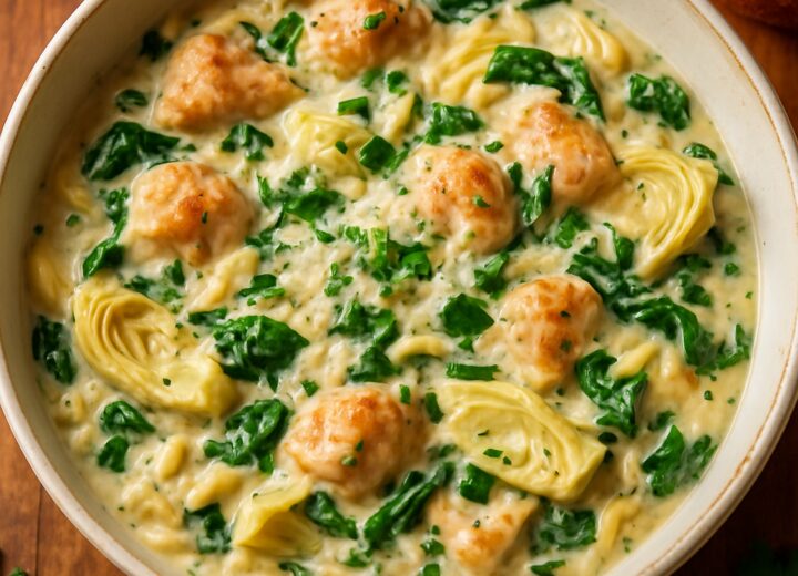 Creamy spinach artichoke chicken orzo in a white bowl, topped with Parmesan and parsley, on a wooden table.
