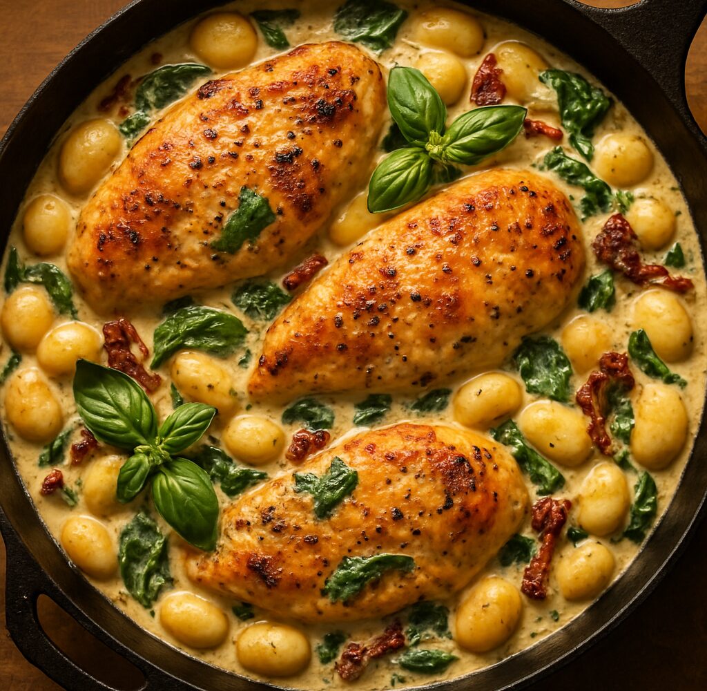 Creamy Tuscan chicken gnocchi bake in a skillet with golden cheese topping, fresh basil garnish