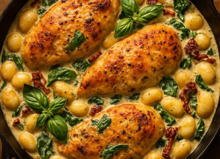 Creamy Tuscan chicken gnocchi bake in a skillet with golden cheese topping, fresh basil garnish