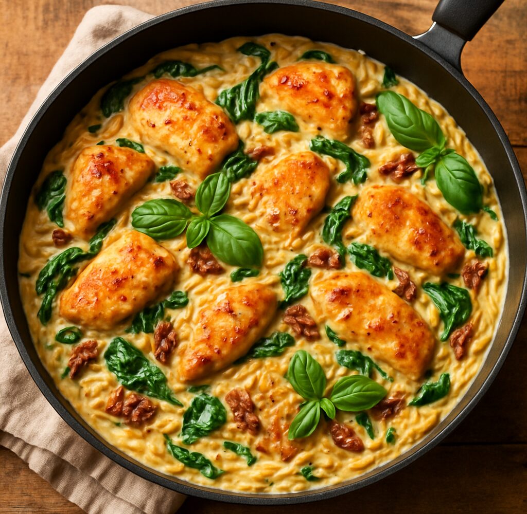 Creamy Tuscan chicken orzo in a skillet with tender chicken, spinach, sun-dried tomatoes, and parmesan sauce