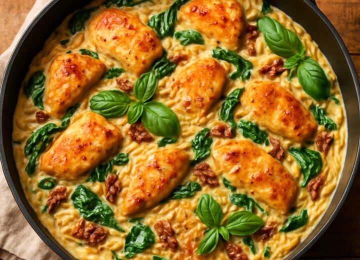 Creamy Tuscan chicken orzo in a skillet with tender chicken, spinach, sun-dried tomatoes, and parmesan sauce