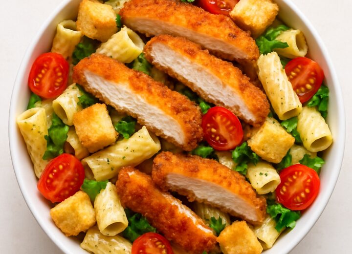 Crispy Chicken Caesar Pasta Salad in a white bowl with cherry tomatoes and croutons