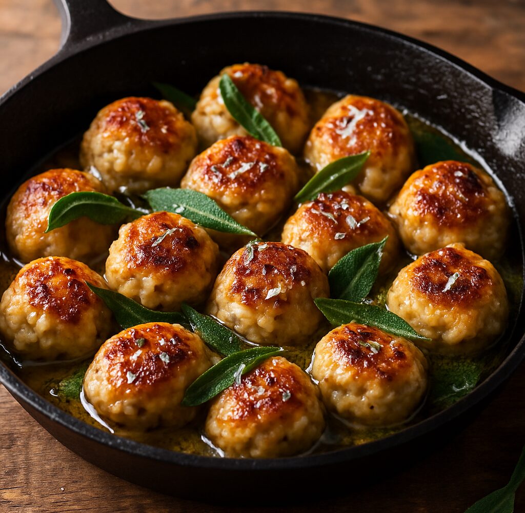 Crispy golden brown chicken meatballs sizzling in a sage butter sauce in a cast iron skillet, garnished with fresh sage leaves.