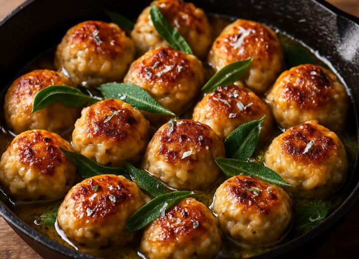 Crispy golden brown chicken meatballs sizzling in a sage butter sauce in a cast iron skillet, garnished with fresh sage leaves.