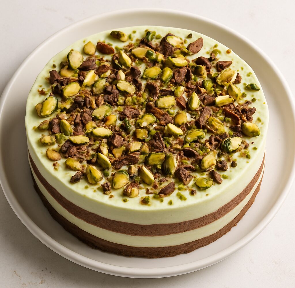Dubai chocolate pistachio icebox cake slices on a white plate with chocolate shavings and chopped pistachios on top