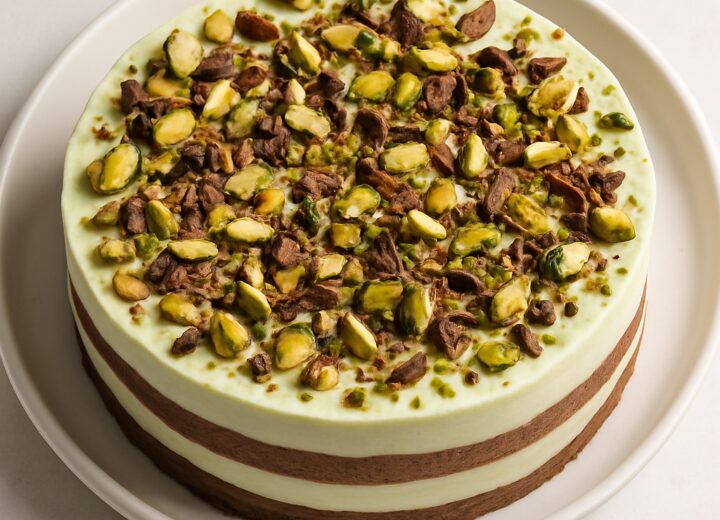 Dubai chocolate pistachio icebox cake slices on a white plate with chocolate shavings and chopped pistachios on top