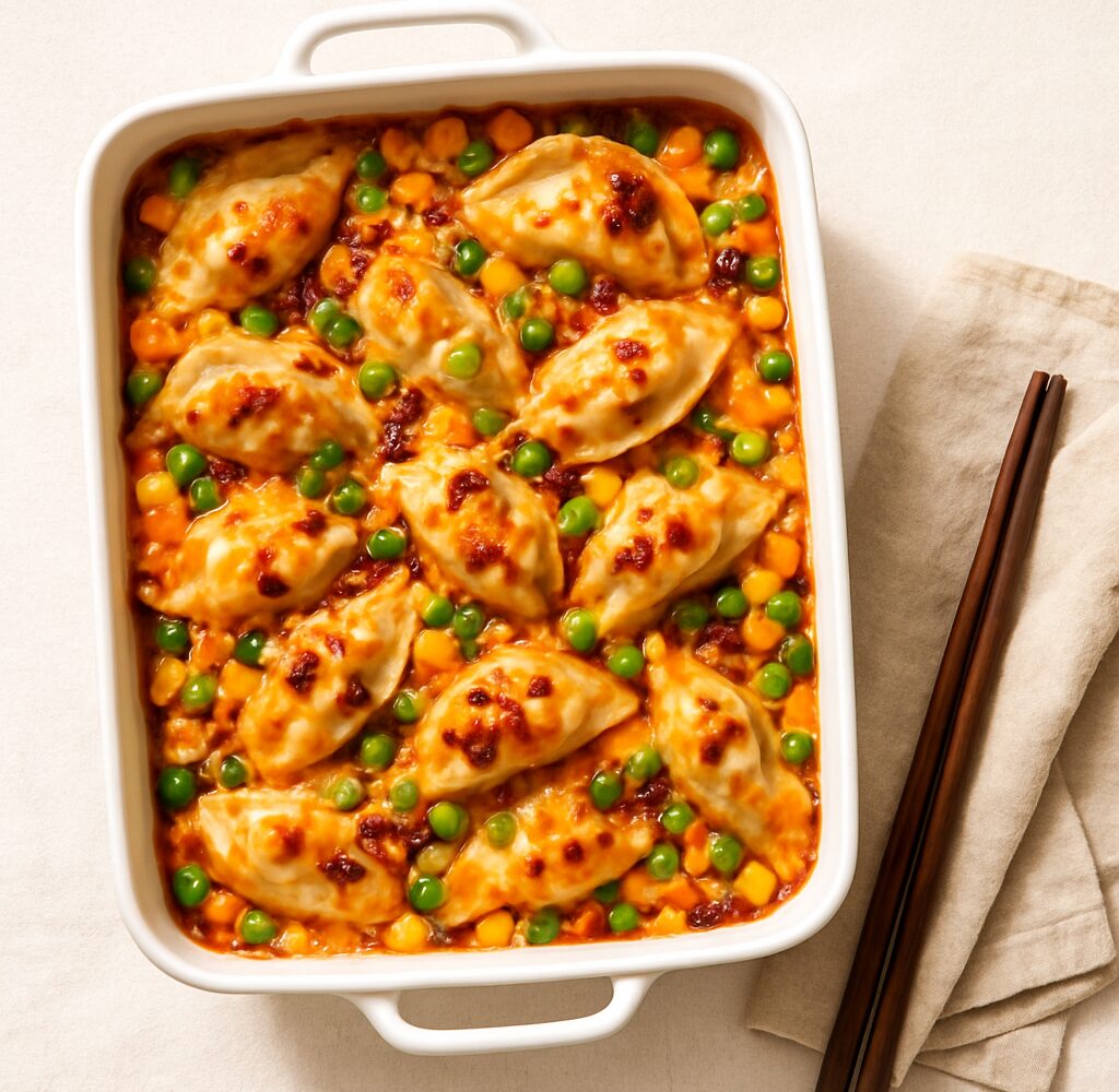 Baked dumpling casserole with chili crisp, melted cheese, green onions, and vegetables served in a white baking dish