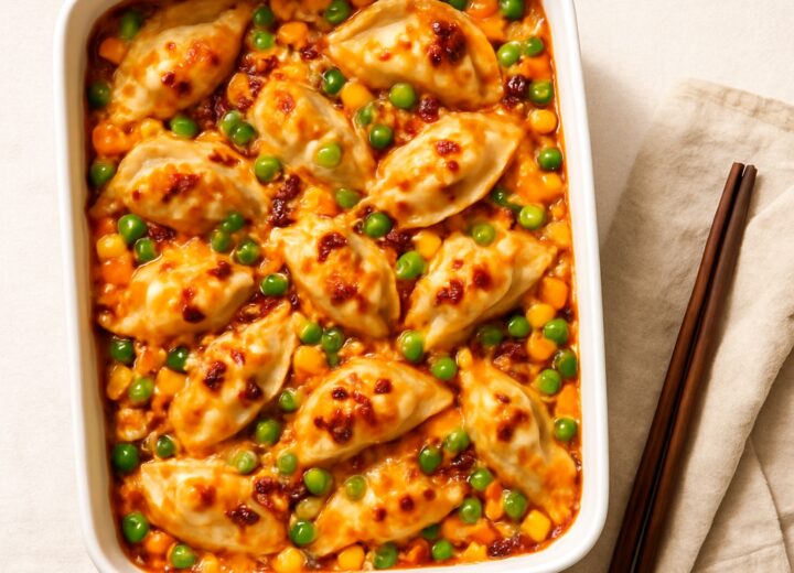 Baked dumpling casserole with chili crisp, melted cheese, green onions, and vegetables served in a white baking dish