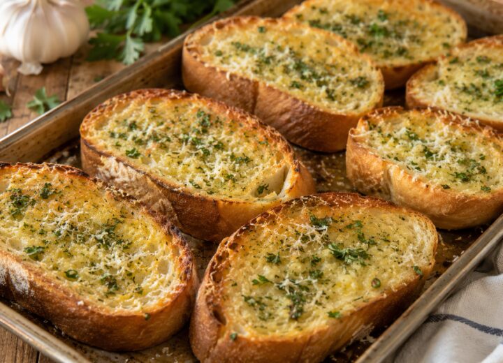 Easy homemade garlic bread served warm on a baking sheet with golden edges and melted butter.