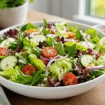 A fresh simple green salad with romaine, cucumber, cherry tomatoes, red onion, and a light vinaigrette served in a white bowl.