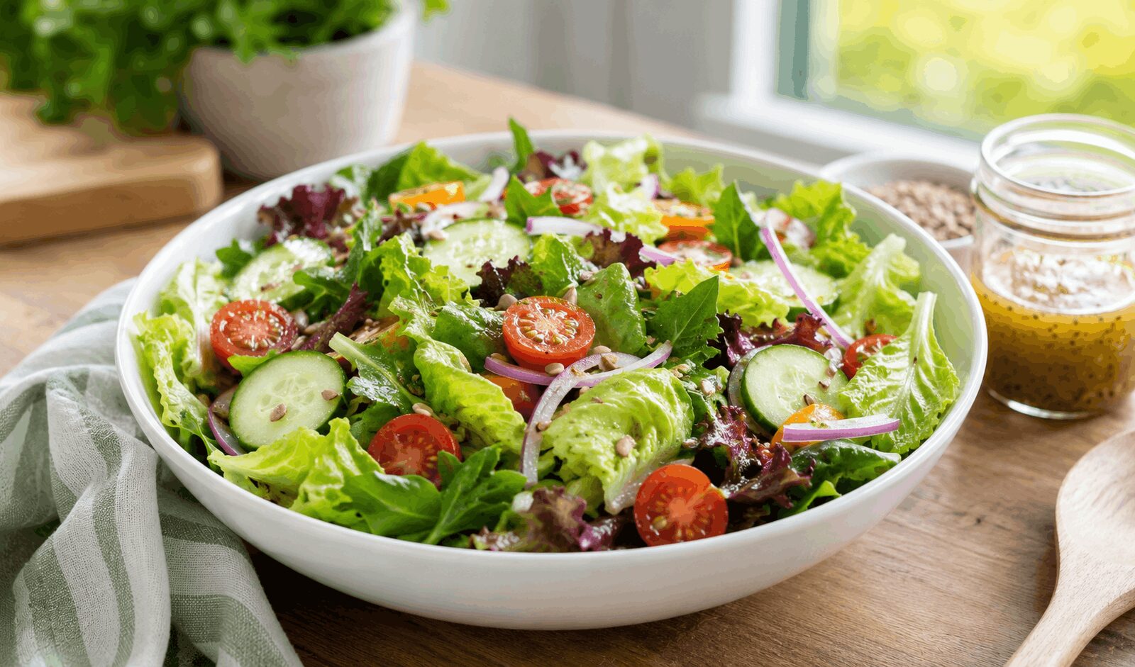 A fresh simple green salad with romaine, cucumber, cherry tomatoes, red onion, and a light vinaigrette served in a white bowl.