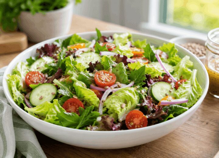 A fresh simple green salad with romaine, cucumber, cherry tomatoes, red onion, and a light vinaigrette served in a white bowl.