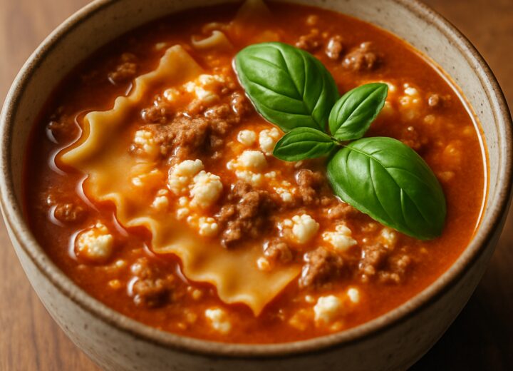 Bowl of high protein lasagna soup with cottage cheese, garnished with basil and Parmesan, on a wooden table.