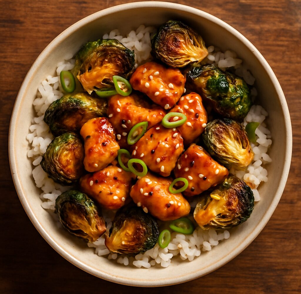 A bowl of hot honey Brussels sprout chicken served over rice, garnished with green onions and sesame seeds