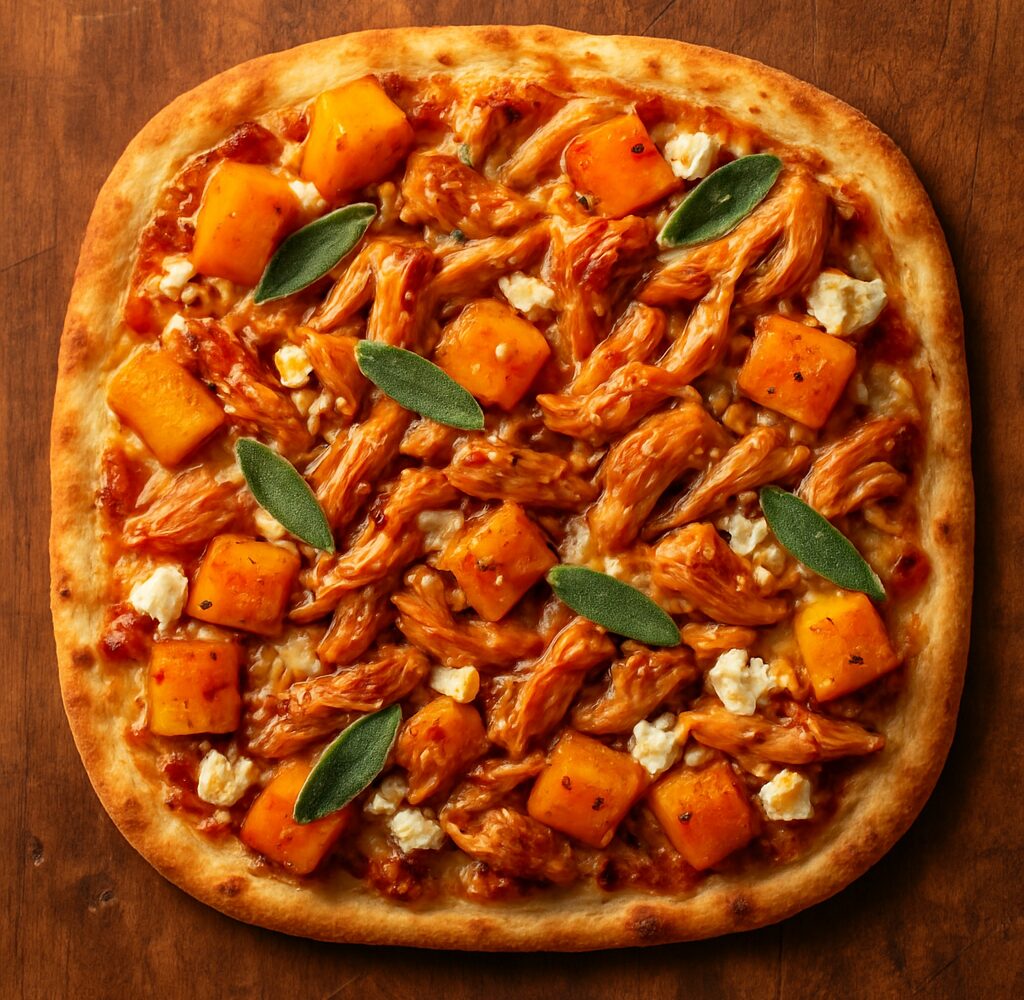 Hot honey butternut chicken flatbread on a wooden board, topped with melted cheese and fresh sage