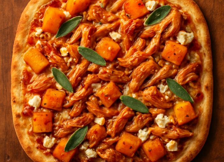 Hot honey butternut chicken flatbread on a wooden board, topped with melted cheese and fresh sage