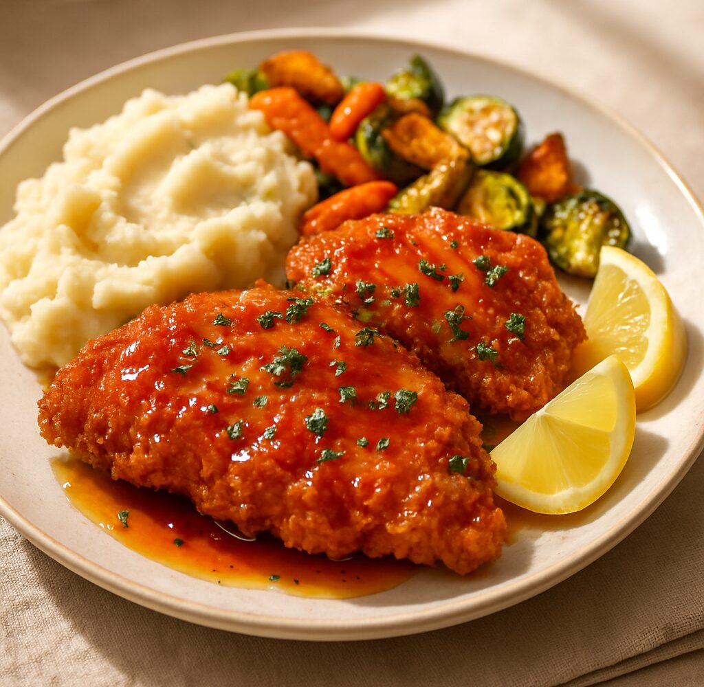 Crispy hot honey chicken cutlets drizzled with sweet spicy glaze and served with fresh parsley on a dinner plate