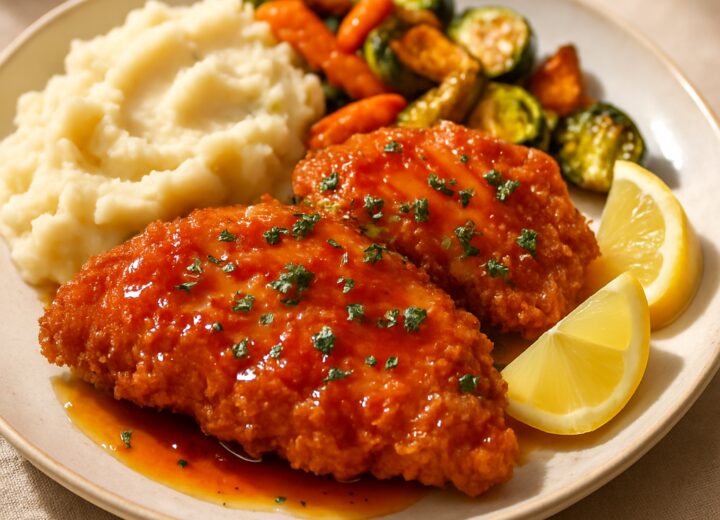 Crispy hot honey chicken cutlets drizzled with sweet spicy glaze and served with fresh parsley on a dinner plate