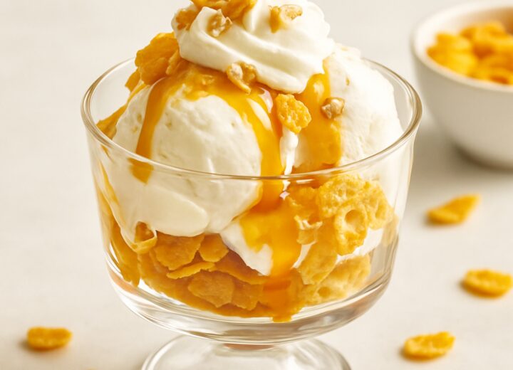 Hot honey cornflake ice cream sundae topped with toasted cornflakes, vanilla ice cream, and a sweet spicy honey drizzle in a dessert glass