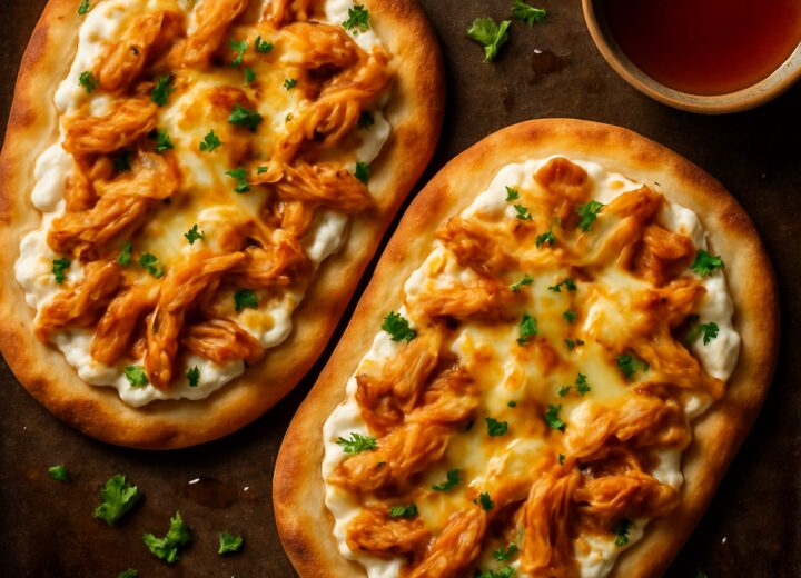 Hot honey cottage cheese chicken flatbread on a baking sheet, sliced, with fresh parsley garnish.