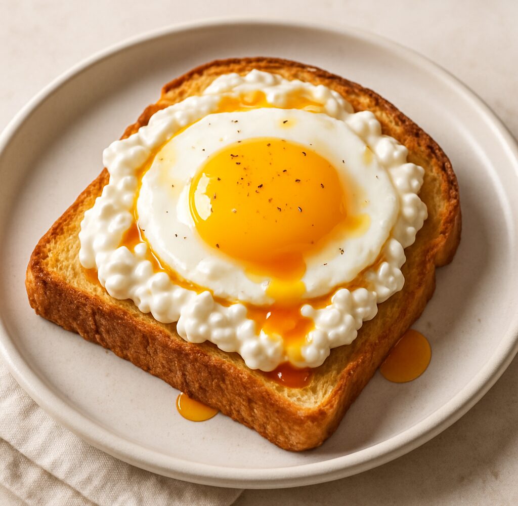 Hot honey cottage cheese egg toast topped with a fried egg, creamy cottage cheese, and a spicy honey drizzle on crisp toasted bread.