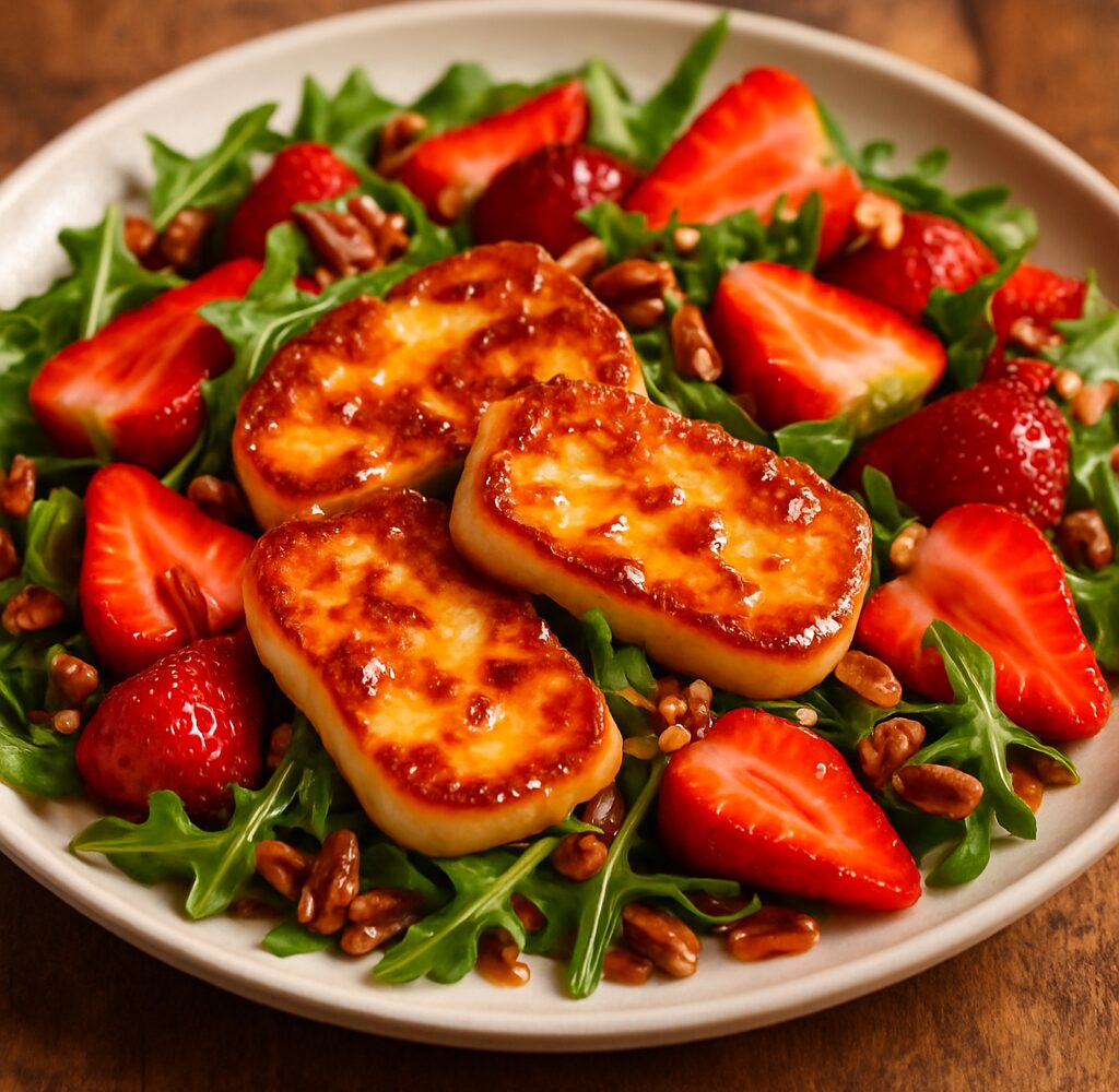 Crispy hot honey halloumi and fresh strawberry salad on a plate, drizzled with dressing