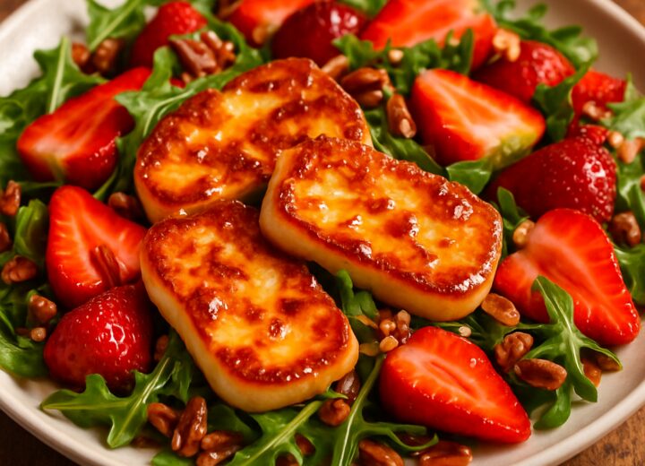 Crispy hot honey halloumi and fresh strawberry salad on a plate, drizzled with dressing