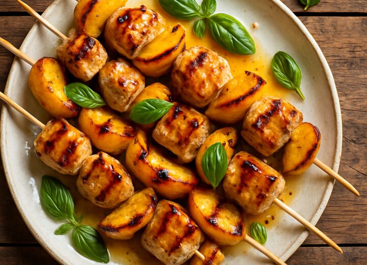 Grilled hot honey peach chicken skewers on a platter with fresh basil garnish