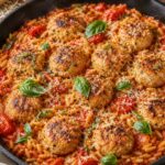 Swicy cherry tomato chicken meatball orzo in a skillet, garnished with Parmesan and basil.