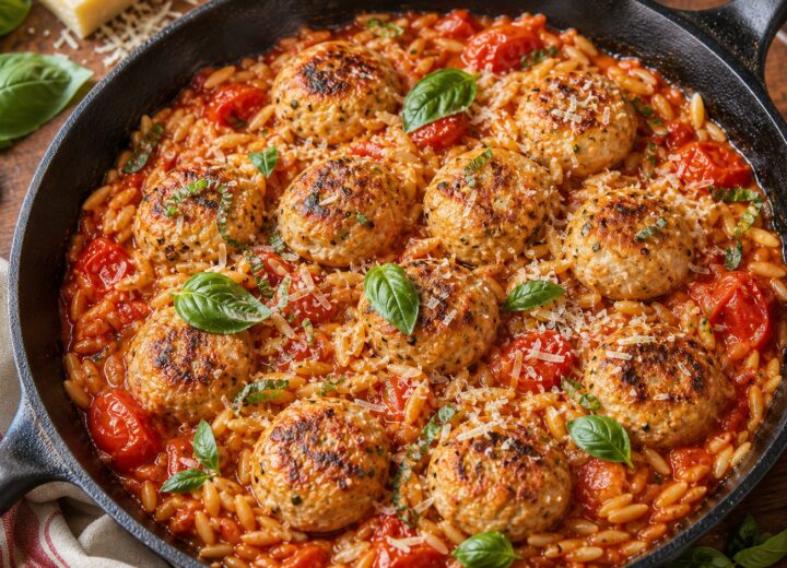Swicy cherry tomato chicken meatball orzo in a skillet, garnished with Parmesan and basil.